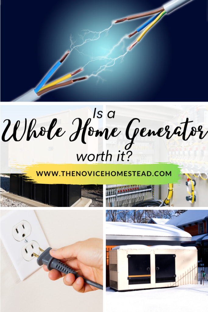 collage of images about electricity; text overlay "Is a Whole Home Generator Worth It?"