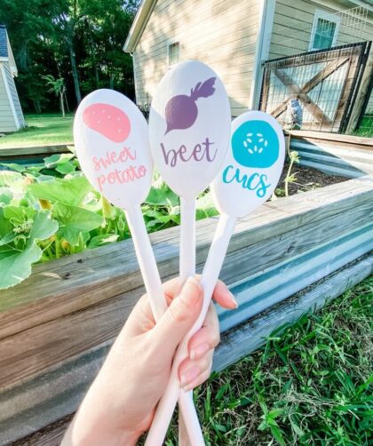 garden markers made with cricut and wooden spoons