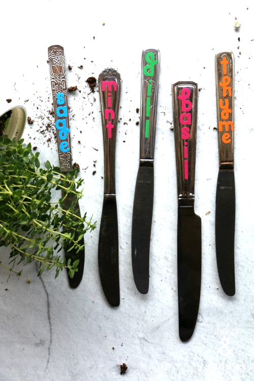 upcycled knives made into plant name markers